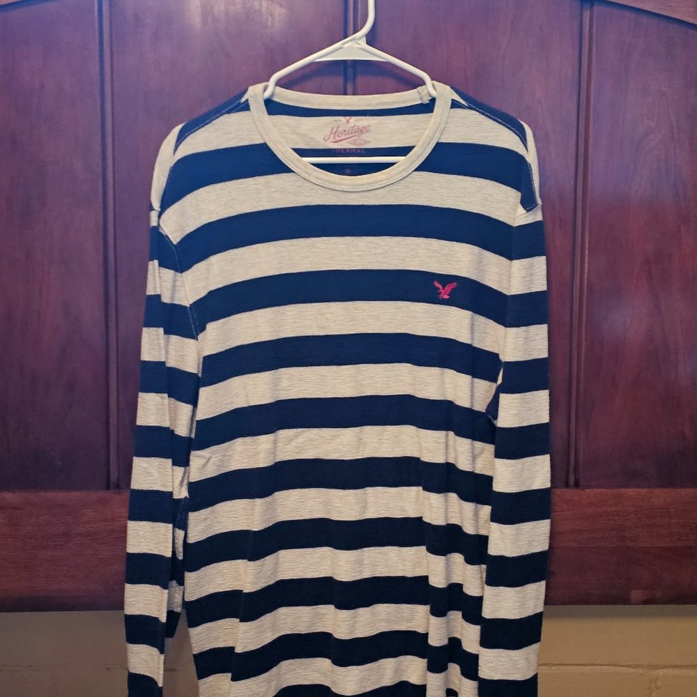 American Eagle Heritage Thermal Henley Striped Mens Size XL Long Sleeve Shirt